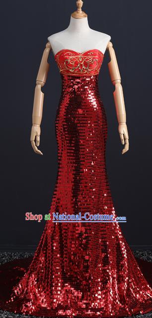 China Compere Red Fishtail Dress Professional Catwalks Embroidery Beads Full Dress New Year Formal Costume