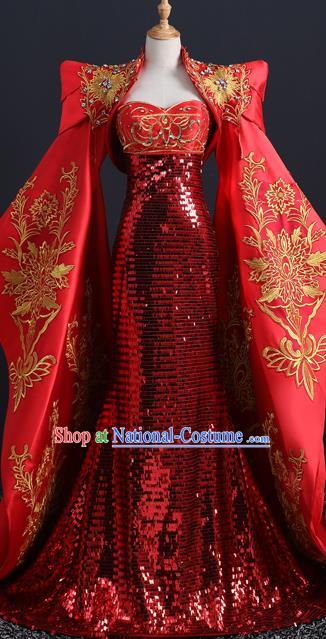 China Compere Red Fishtail Dress Professional Catwalks Embroidery Beads Full Dress New Year Formal Costume