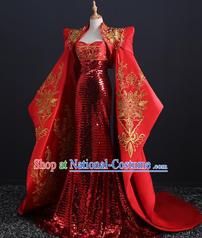 China Compere Red Fishtail Dress Professional Catwalks Embroidery Beads Full Dress New Year Formal Costume