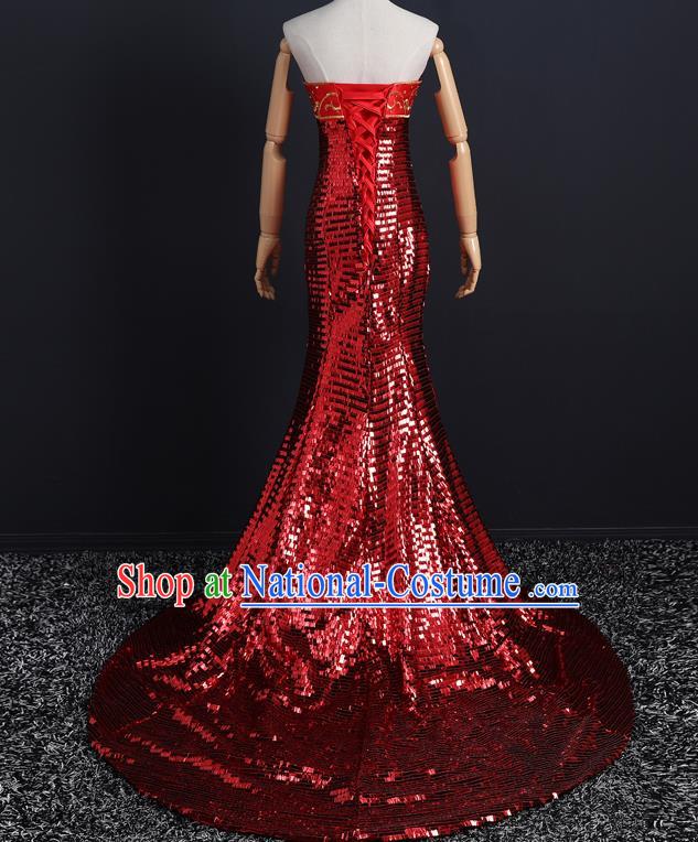 China Compere Red Fishtail Dress Professional Catwalks Embroidery Beads Full Dress New Year Formal Costume