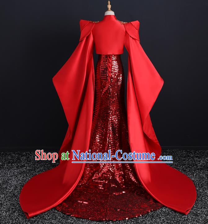 China Compere Red Fishtail Dress Professional Catwalks Embroidery Beads Full Dress New Year Formal Costume