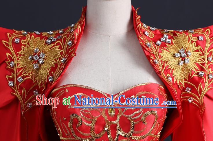 China Compere Red Fishtail Dress Professional Catwalks Embroidery Beads Full Dress New Year Formal Costume