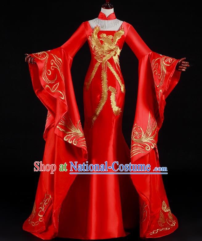 China New Year Formal Costume Compere Red Water Sleeve Dress Professional Catwalks Embroidery Phoenix Full Dress