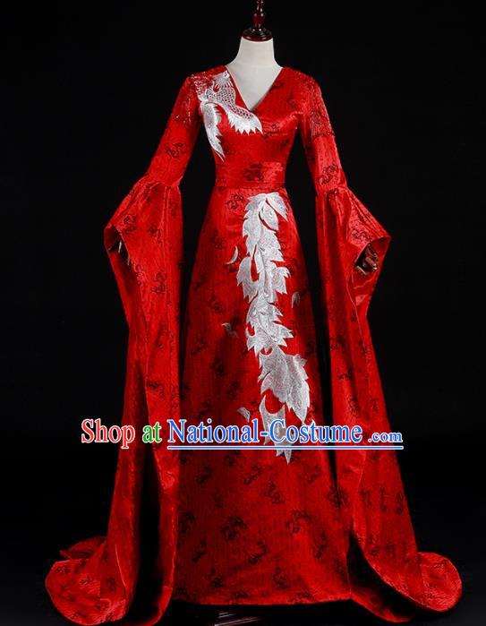 China Professional Catwalks Embroidery Full Dress New Year Formal Costume Compere Red Water Sleeve Dress