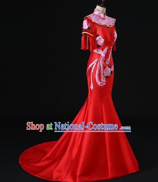 China New Year Red Formal Costume Compere Qipao Dress Professional Catwalks Embroidery Phoenix Peony Full Dress