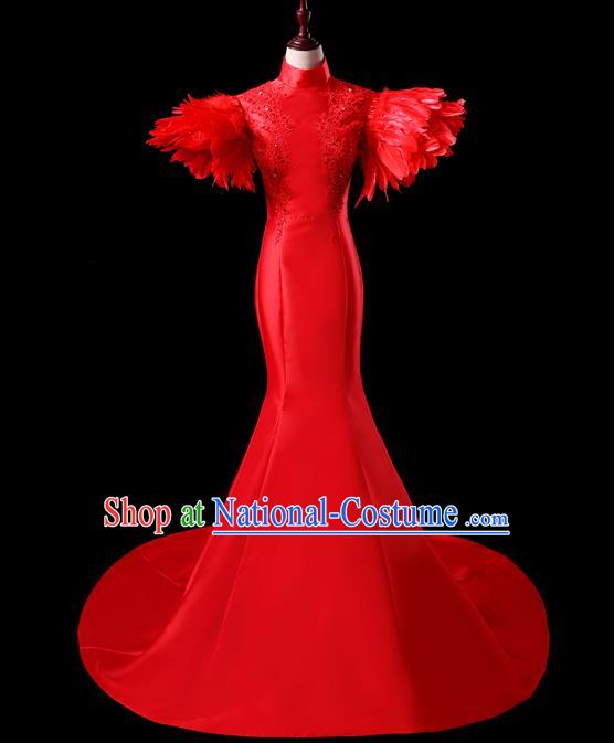 China New Year Formal Costume Compere Red Feather Dress Professional Catwalks Full Dress