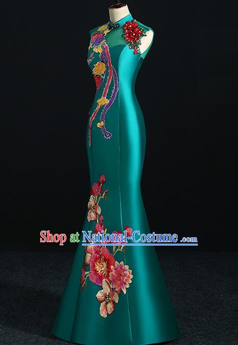 China Professional Catwalks Embroidery Peach Blossom Full Dress New Year Formal Costume Compere Deep Green Qipao Dress