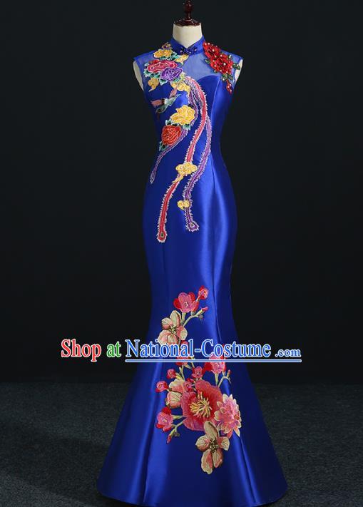 China Compere Royal Blue Qipao Dress Professional Catwalks Embroidery Peach Blossom Full Dress New Year Formal Costume