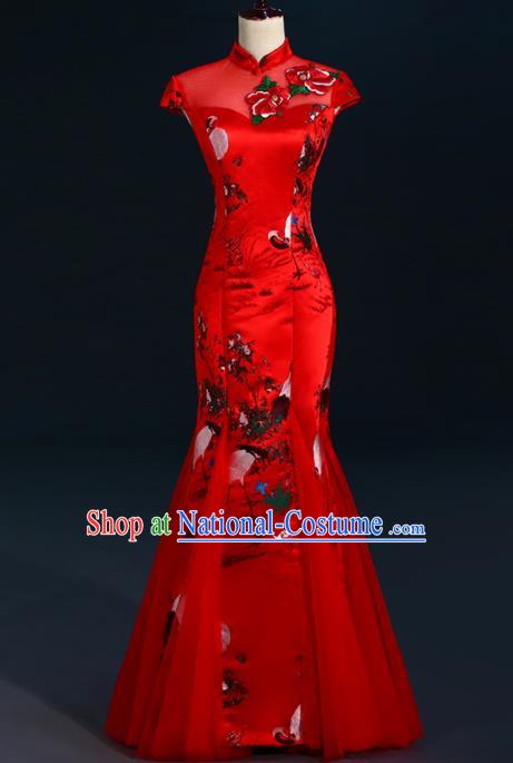 China New Year Formal Costume Compere Red Qipao Dress Professional Catwalks Full Dress Wedding Red Fishtail Dress