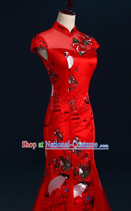 China New Year Formal Costume Compere Red Qipao Dress Professional Catwalks Full Dress Wedding Red Fishtail Dress