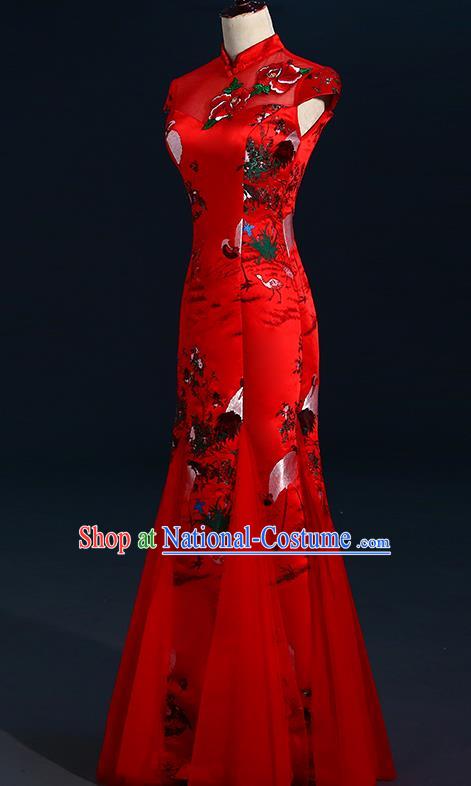 China New Year Formal Costume Compere Red Qipao Dress Professional Catwalks Full Dress Wedding Red Fishtail Dress