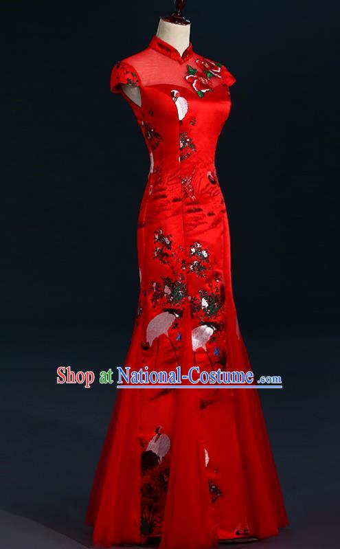 China New Year Formal Costume Compere Red Qipao Dress Professional Catwalks Full Dress Wedding Red Fishtail Dress