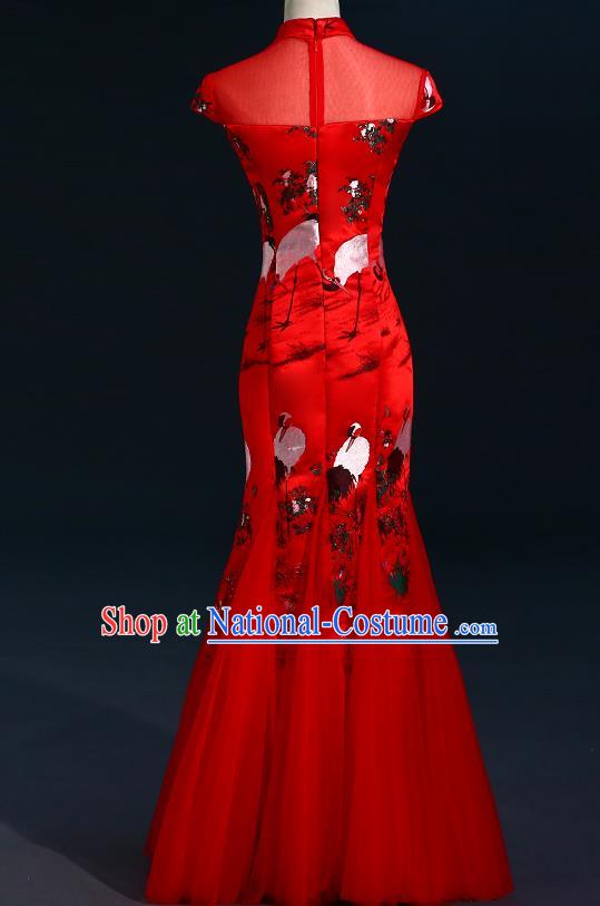 China New Year Formal Costume Compere Red Qipao Dress Professional Catwalks Full Dress Wedding Red Fishtail Dress