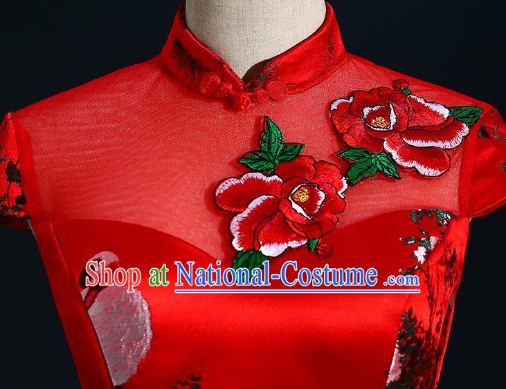 China New Year Formal Costume Compere Red Qipao Dress Professional Catwalks Full Dress Wedding Red Fishtail Dress