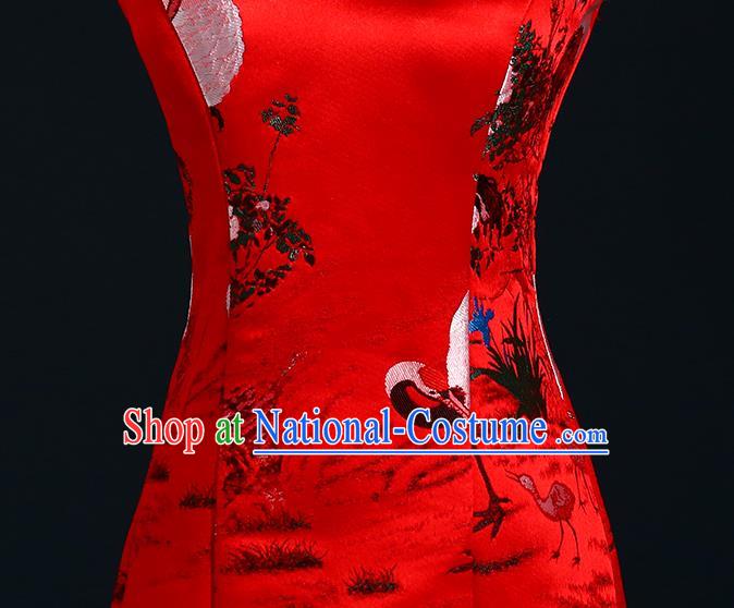 China New Year Formal Costume Compere Red Qipao Dress Professional Catwalks Full Dress Wedding Red Fishtail Dress