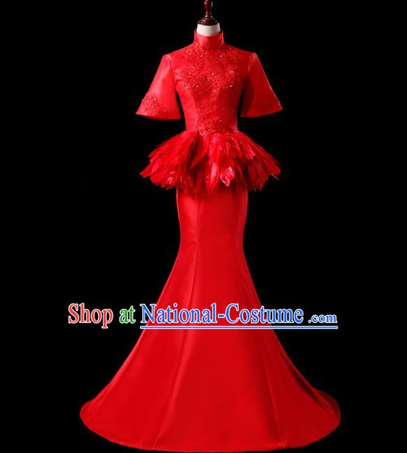 China Compere Red Feather Dress Professional Catwalks Full Dress New Year Formal Costume