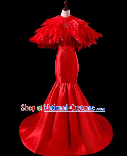 China Professional Catwalks Full Dress New Year Formal Costume Compere Red Feather Cappa Dress