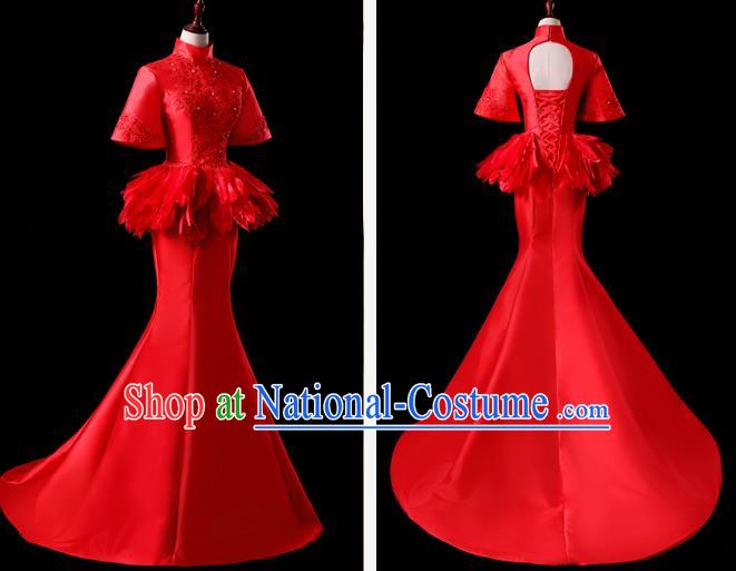 China Compere Red Feather Dress Professional Catwalks Full Dress New Year Formal Costume