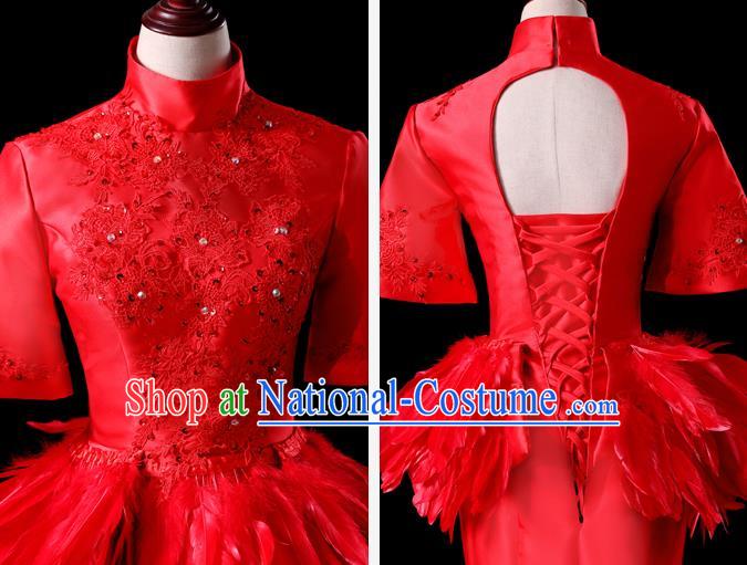 China Compere Red Feather Dress Professional Catwalks Full Dress New Year Formal Costume