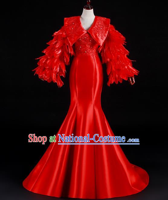 China New Year Formal Costume Compere Red Feather Sleeves Dress Professional Catwalks Full Dress