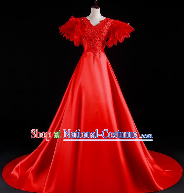 China Professional Catwalks Full Dress New Year Formal Costume Compere Red Feather Trailing Dress