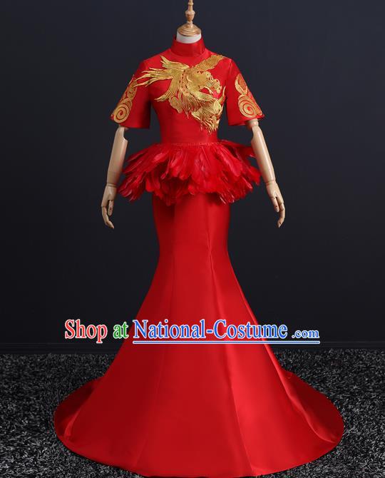 China Compere Red Feather Dress Professional Catwalks Embroidery Phoenix Full Dress New Year Formal Costume