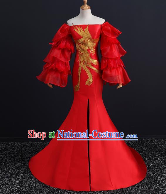 China New Year Formal Costume Compere Red Feather Dress Professional Catwalks Embroidery Phoenix Full Dress