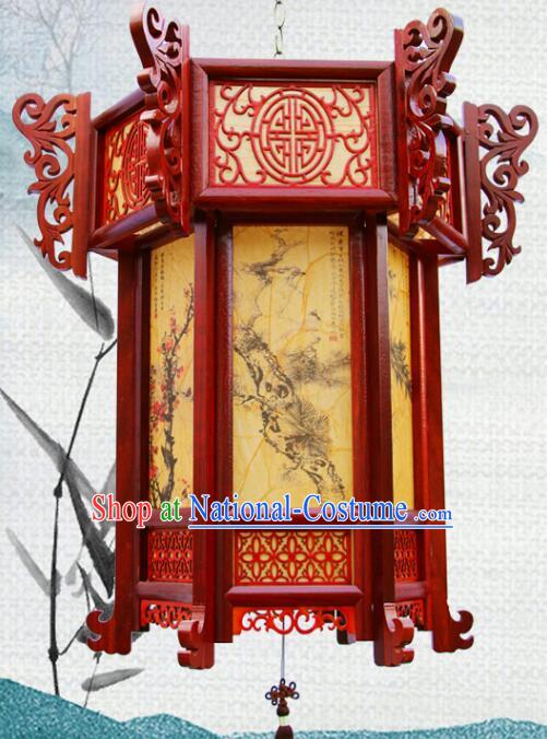 Top Chinese Festival Hanging Lamp Rosewood Palace Lantern Painting Plum Orchids Bamboo Chrysanthemum Wood Lantern