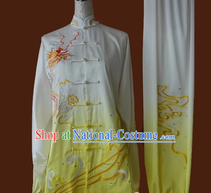 Top Embroidered Dragon Tai Chi Championship Costumes Martial Arts Qi Gong Clothing Tai Ji Competition Gradient White to Yellow Uniform