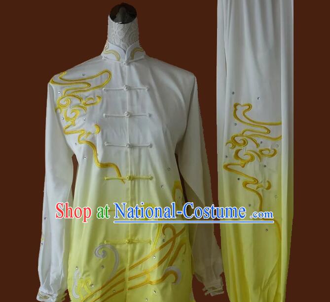 Top Tai Ji Competition Gradient White to Yellow Uniform Embroidered Clouds Tai Chi Championship Costumes Martial Arts Qi Gong Clothing