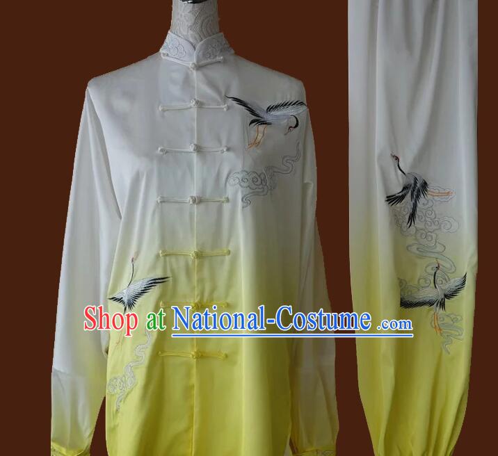 Top Martial Arts Qi Gong Clothing Tai Ji Competition Gradient White to Yellow Uniform Embroidered Cranes Tai Chi Championship Costumes