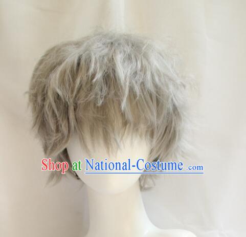 Top Short Wig Men Headwear Cosplay Swordsman Grey Wig Handmade