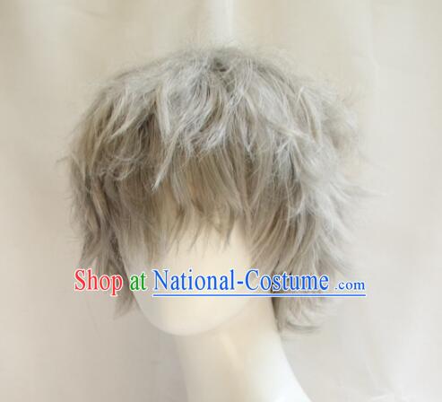 Top Short Wig Men Headwear Cosplay Swordsman Grey Wig Handmade