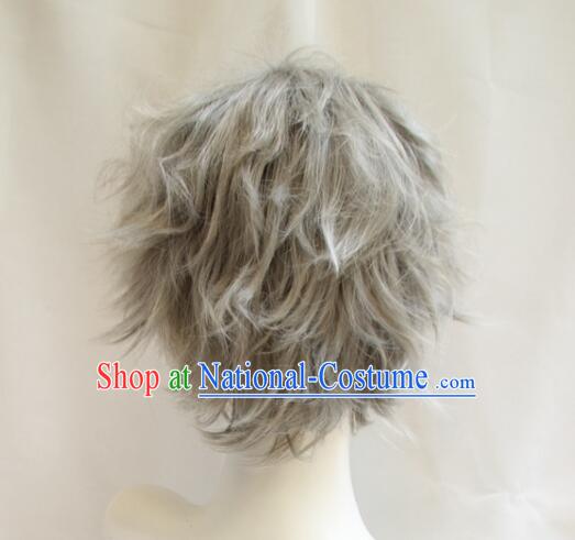 Top Short Wig Men Headwear Cosplay Swordsman Grey Wig Handmade