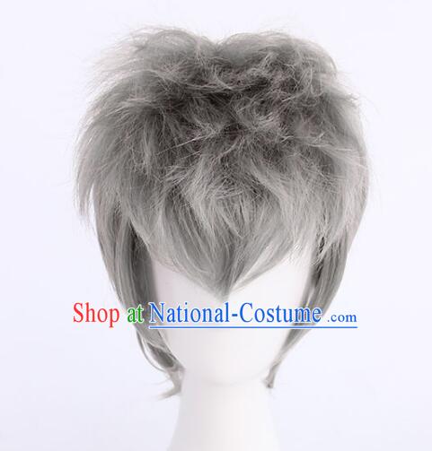 Top Men Head Gear Cosplay Grey Wig Handmade Short Wig