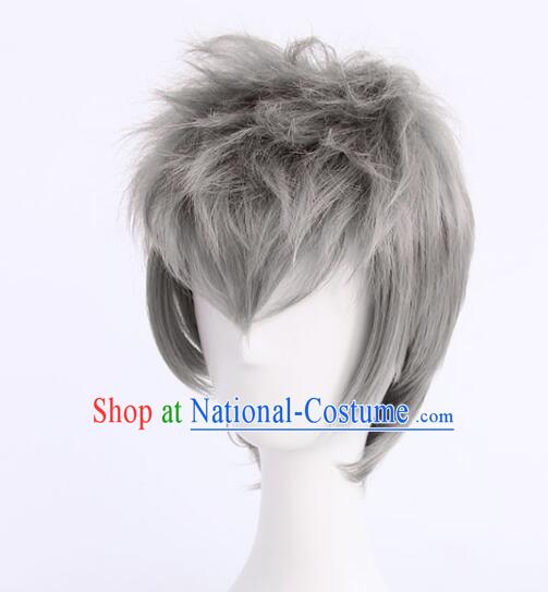 Top Men Head Gear Cosplay Grey Wig Handmade Short Wig