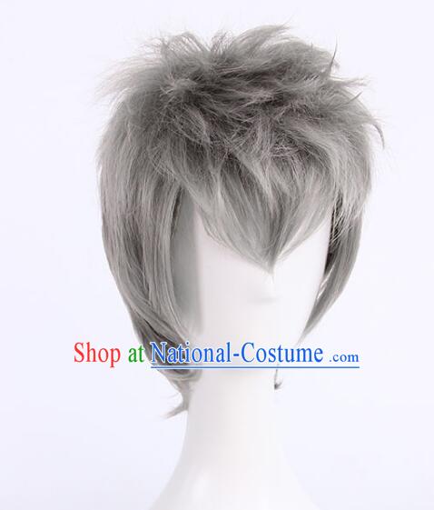 Top Men Head Gear Cosplay Grey Wig Handmade Short Wig