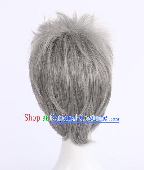 Top Men Head Gear Cosplay Grey Wig Handmade Short Wig