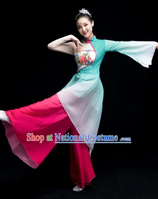 Chinese Fan Dance Garment Costumes Umbrella Dance Gradient Magenta Green Dress Classical Dance Clothing