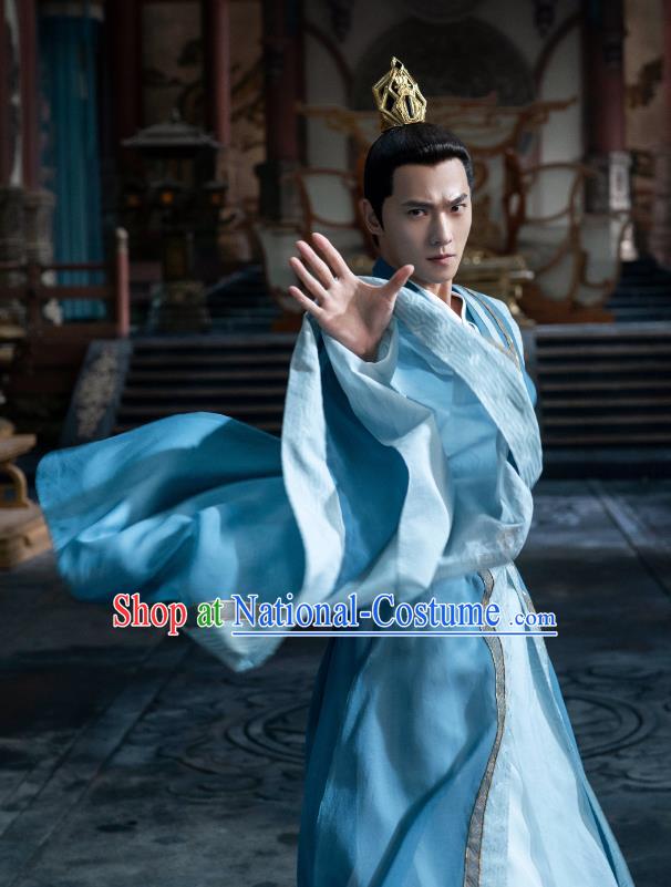 Chinese Ancient Prince Blue Clothing Wuxia TV Series Qie Shi Tian Xia Feng Lan Xi Replica Costumes and Headpieces