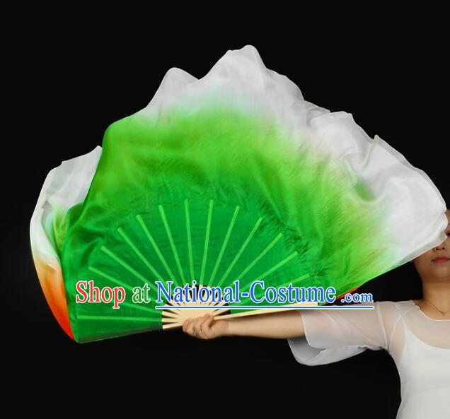 China Classical Dance Silk Fan Yangko Dance Bamboo Fan Gradient Red and Green Ribbon Folding Fan