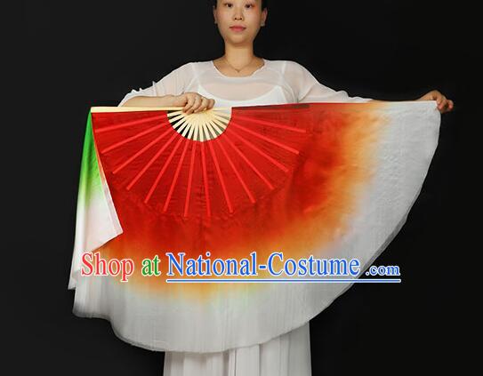 China Classical Dance Silk Fan Yangko Dance Bamboo Fan Gradient Red and Green Ribbon Folding Fan