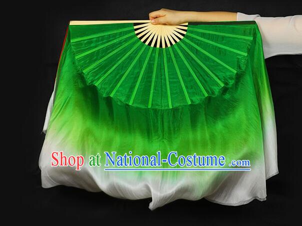 China Classical Dance Silk Fan Yangko Dance Bamboo Fan Gradient Red and Green Ribbon Folding Fan