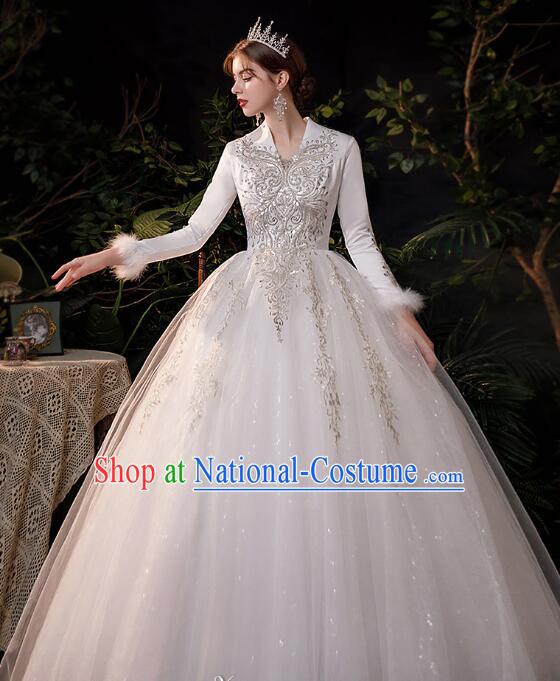 Top Long Sleeve Dress Court Style Wedding Costume Bride Winter Wedding Dress