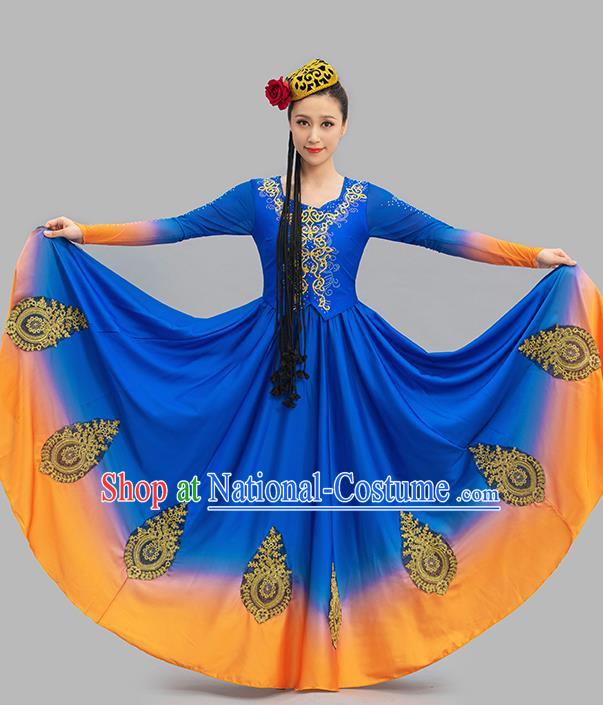 Chinese National Dance Costume Xin Jiang Dance Blue Dress Art Competition Uygur Ethnic Dance Clothing