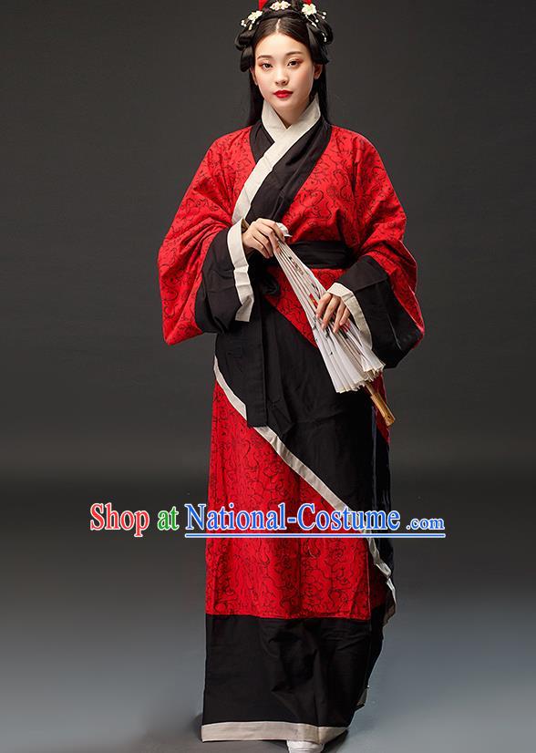 Chinese Han Dynasty Woman Red Dress Ancient TV Series Hanfu Clothing Traditional Curving Front Robe Costume