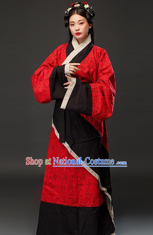 Chinese Han Dynasty Woman Red Dress Ancient TV Series Hanfu Clothing Traditional Curving Front Robe Costume