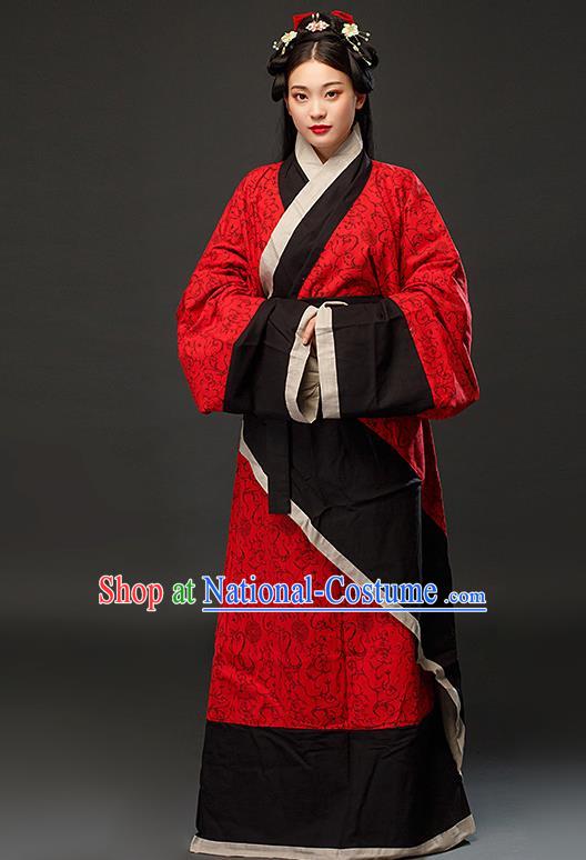 Chinese Han Dynasty Woman Red Dress Ancient TV Series Hanfu Clothing Traditional Curving Front Robe Costume