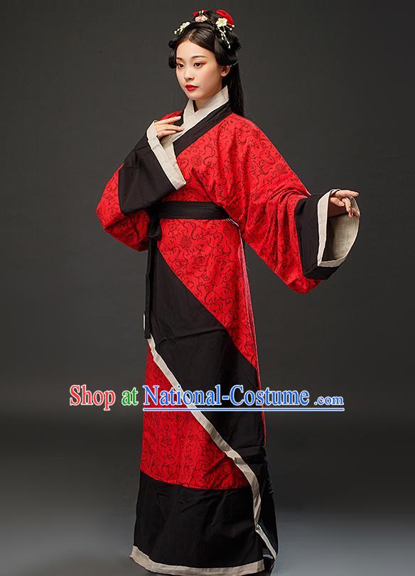 Chinese Han Dynasty Woman Red Dress Ancient TV Series Hanfu Clothing Traditional Curving Front Robe Costume