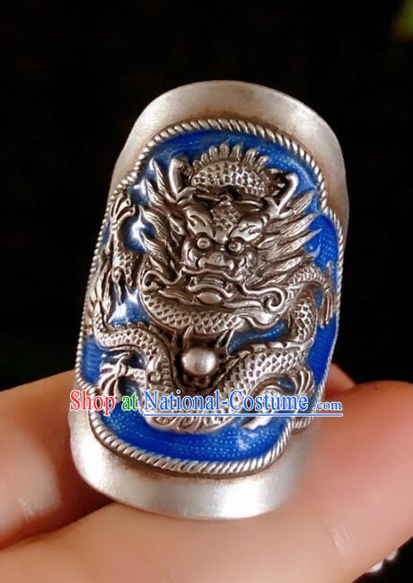 Chinese National Blueing Silver Ring Jewelry Traditional Handmade Accessories Retro Carving Dragon Circlet